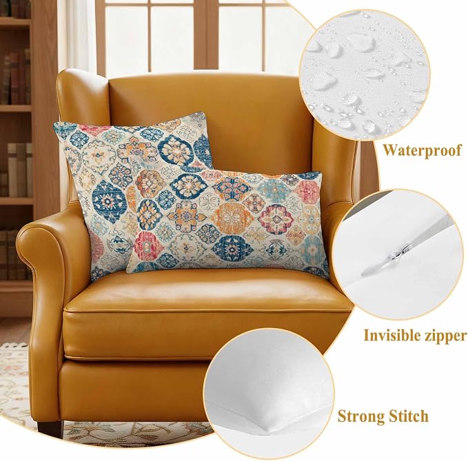 Boho Morocco Waterproof Outdoor Pillow Covers Set of 2 Home Decor, Retro Farmhouse Ethnic Neutral Aesthetic Pillowcase Patio Pillow Covers for Couch Bench Furniture Garden 26x26in