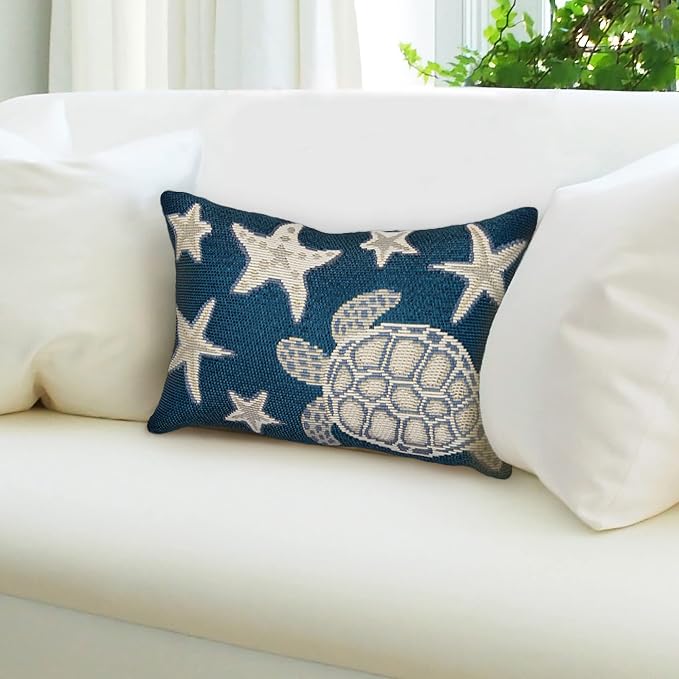 Liora Manne MARINA Indoor/Outdoor Power Loomed Easy Care Pillow - Transitional Geometric Coastal Beach Colorful (Turtle And Stars Navy) (12" x 18")