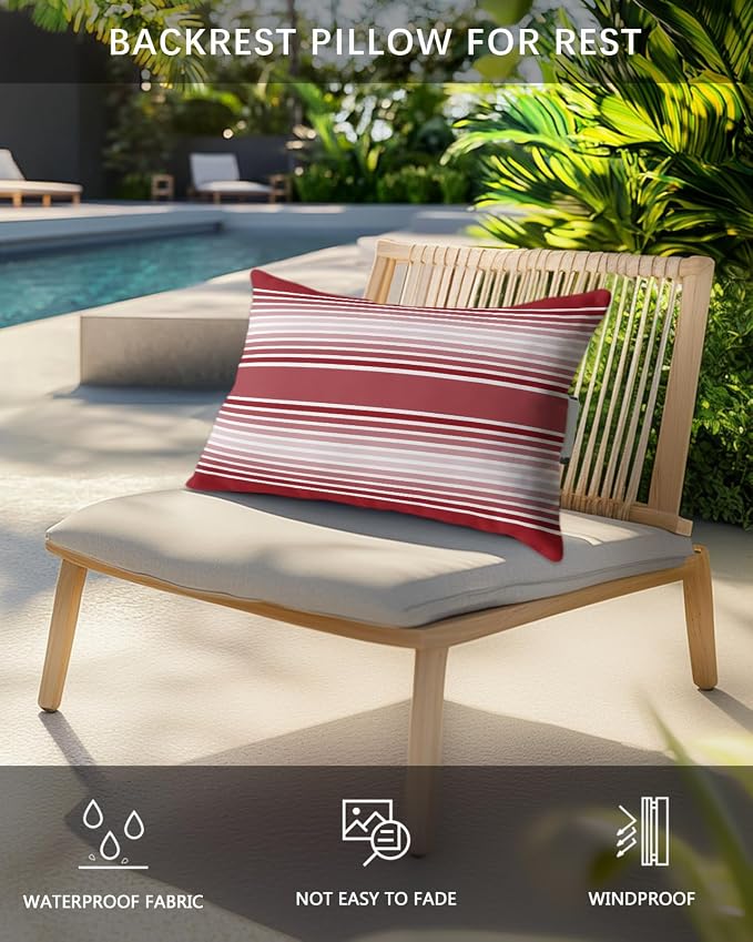 Pack of 2 Outdoor Lumbar Pillow Covers 11x16 Inch, Red Striped Waterproof Throw Pillow Covers Set, Red Ombre Farmhouse Stripes Indoor&Outdoor Decorative Cushion Cases for Patio Porch Car