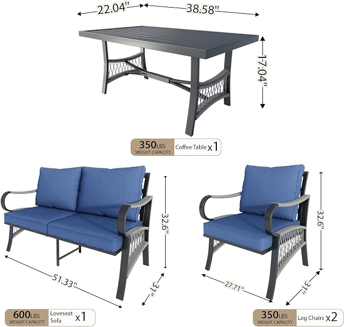 4 Pieces Patio Furniture Set, Outdoor All Weather Metal Conversation Sets with 2 Single Chairs, 1 Loveseat Sofa, 1 Coffee Table for Backyard, Garden, Deck, Blue