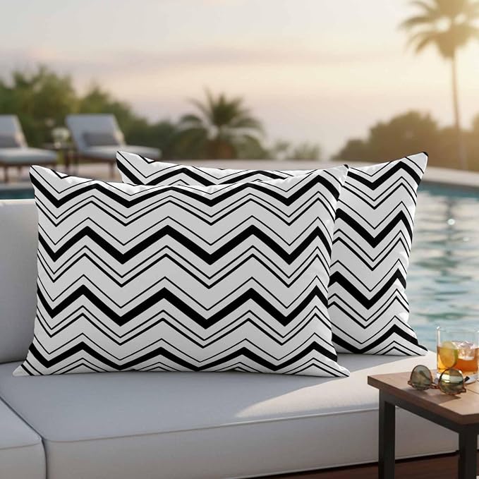 Abstract Geometric Outdoor Pillow Covers Set of 2 Ripple Stripe Chevron Black and White Waterproof Throw Pillow Cover Decorative Cushion Cases for Patio Porch Garden 20X12 Inch