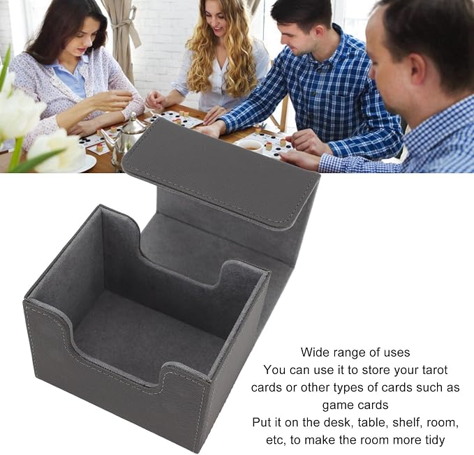 Zunate Card Deck Box for Tarot or Game Cards, Large Capacity PU Leather Storage Box/Cover with Magnetic Flap Lid, Holds 100 Cards, Soft Felt Lining, Black Finish (Grey)