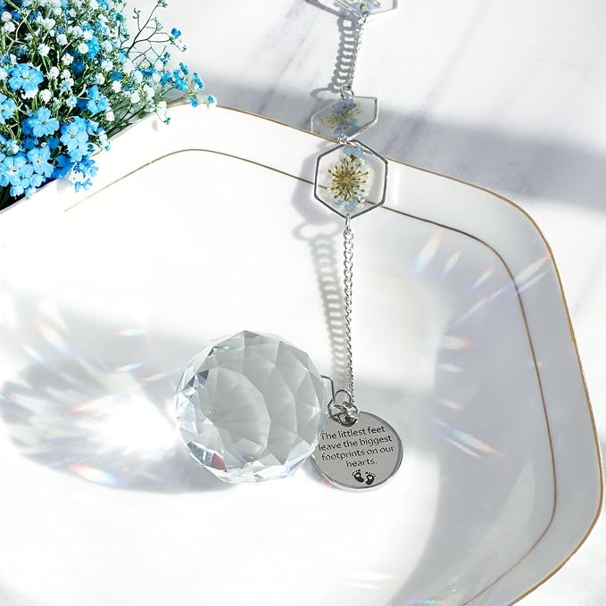 Miscarriage Memorial Suncatcher Gifts for Mothers Dad, Handmade Forget Me Not Baby's Breath Pressed Flower Miscarriage Ornament, Bereavement Remembrance Gift for Loss of Baby (Blue White)
