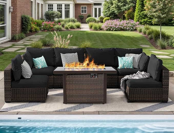 Patio Furniture Set 7 Pieces with 44" Fire Pit Table, Rattan Outdoor Sectional Conversation Sets, All Weather Outdoor Furniture Set with Cushions for Garden Lawn Balcony Porch Deck Black