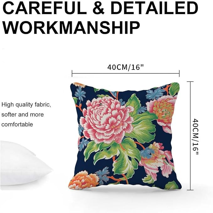 Pillowcase Floral Bright and Cheery Chinoiserie Pillow Covers Abstract Pink Coral Peony on Navy Pillow Cover Accent Square Couch Sofa Cushion Covers for Patio Furniture Tent Garden 16x16 in