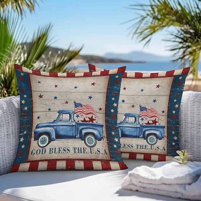 Patriotic Waterproof Pillow Covers for Couch Throw Pillow Cases Set of 2, Independence Day Blue Truck USA Flag Stars Decorative Cushion Pillow Covers 18x18In,Indoor Outdoor Decor Retro Wood Grain