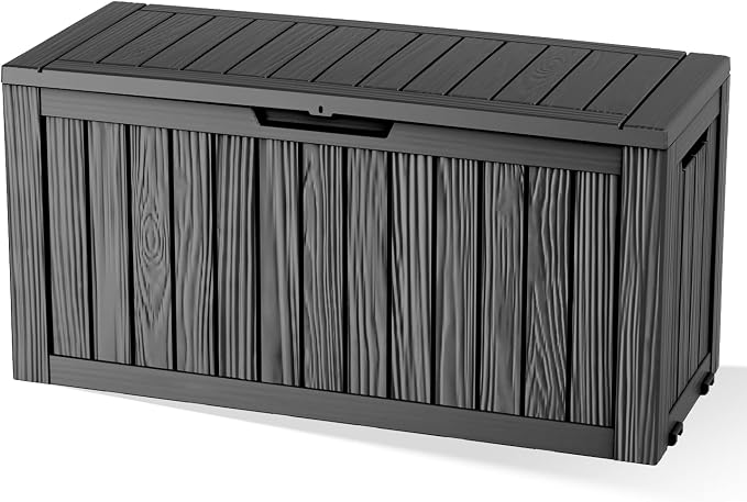 Pepe Tee Waterproof Resin Deck Box, Outdoor Storage Bin for Patio Furniture Cushions, All-Weather Garden Organizer & Seating Bench, Black