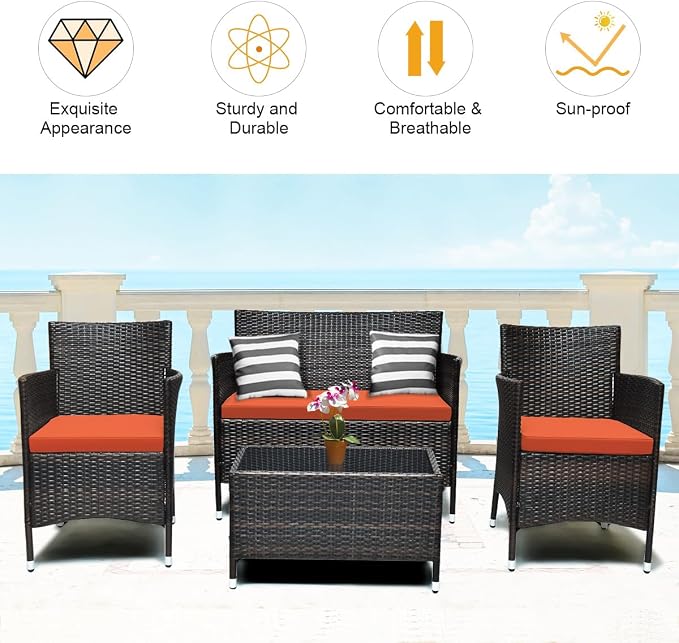 Tangkula 8 PCS Patio Rattan Conversation Set, Outdoor Wicker Furniture Set with Tempered Glass Coffee Table &Thick Cushion, Rattan Chair Wicker Set for Garden, Lawn, Poolside and Backyard (2, Orange)