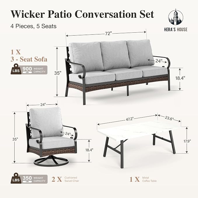 HERA'S HOUSE 4 Piece Metal Patio Furniture Set, All Weather Outdoor Conversation Set with 3 Seat Sofa, 2 Swivel Chairs & Coffee Table, Seats 5 for Backyard, Garden, Deck, Light Grey