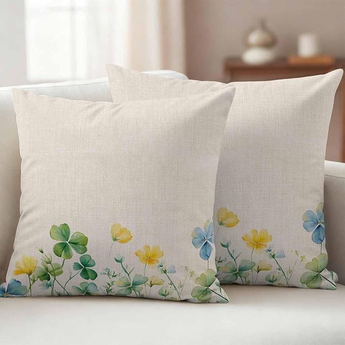 Spring Green Clovers Outdoor Waterproof Throw Pillow Covers Set of 2, 26"x26", Watercolor Yellow Blue Lucky Shamrock Leaf Linen Decorative Pillow Covers Outside Cushion Case for Patio Porch Garden