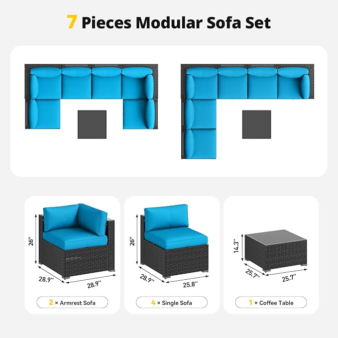 Aoxun Patio Furniture Set, 7 Piece Outdoor Sectional Sofas with Waterprool Cover, Wicker Rattan Outdoor Furniture Patio Conversation Set for Backyard, Garden Peacock Blue