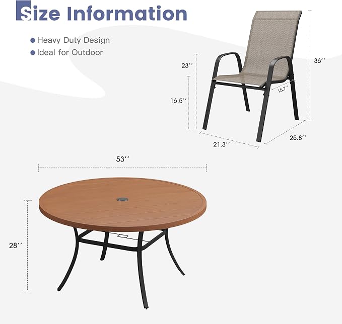 VICLLAX Round Patio Dining Set for 8, Metal Slatted Patio Table with Umbrella Hole and Stackable Patio Chairs for Deck Lawn Garden, Brown Fabric and Walnut Tabletop