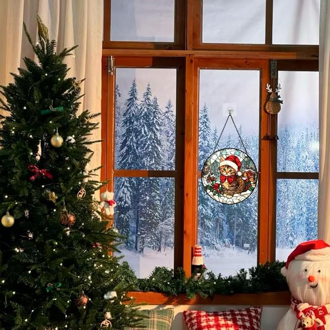 Stained Glass Window Hanging - 6.3 Inches Cat and Snowy Day Christmas Suncatcher for Garden Home Decor for Women Mon Grandma Friends