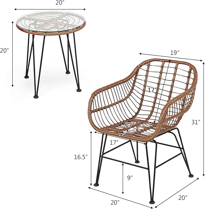 DORTALA 3 Piece Patio Bistro Set, Outdoor Wicker Furniture with Round Tempered Glass Top Table & 2 Rattan Armchairs, Cushions, Conversation Set for Porch, Backyard, Garden, Red