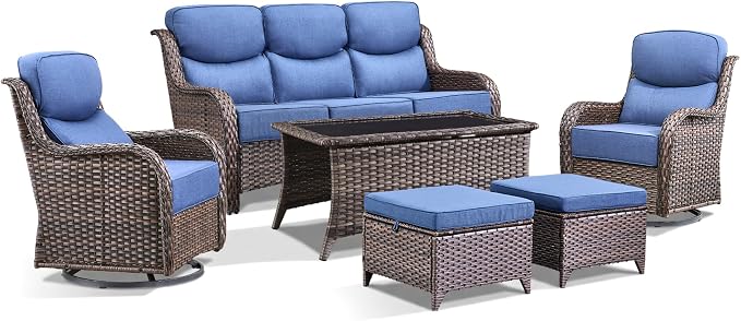 Luxury 6 Pieces Outdoor Patio Furniture Set-All Weather Wicker Outdoor Furniture with Swivel Rocker Patio Chairs 6-inch Extra Thick Cushions Wicker Conversation Set for Garden Porch(Brown/Blue)