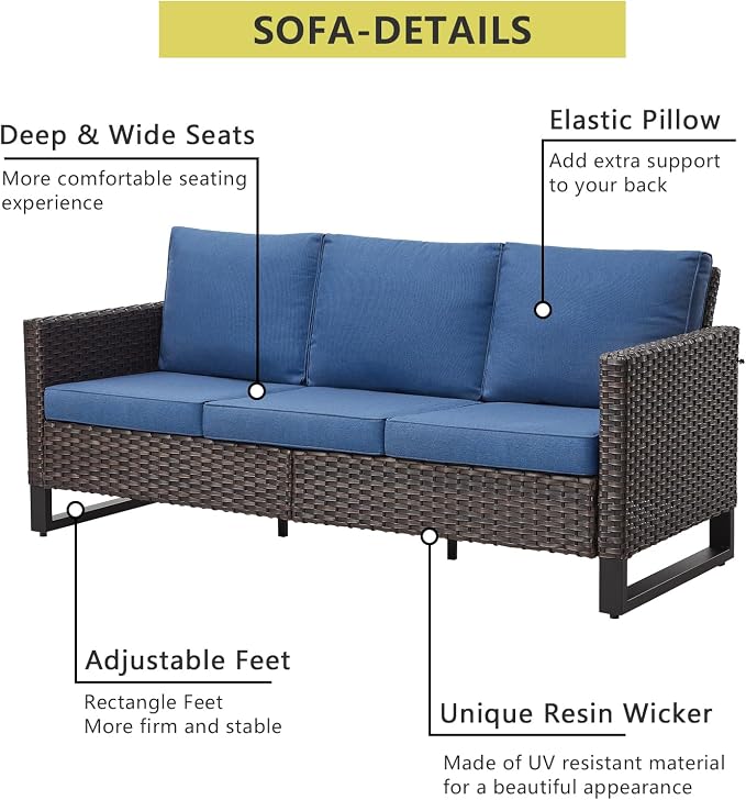 HUMMUH 10 Piece Patio Furniture Set PE Wicker 3 Outdoor Sectional Sofa Set with Patio Swivel Chairs Dinning Table Ottomans for Porch,Garden,Backyard,Deck(Brown/Blue)