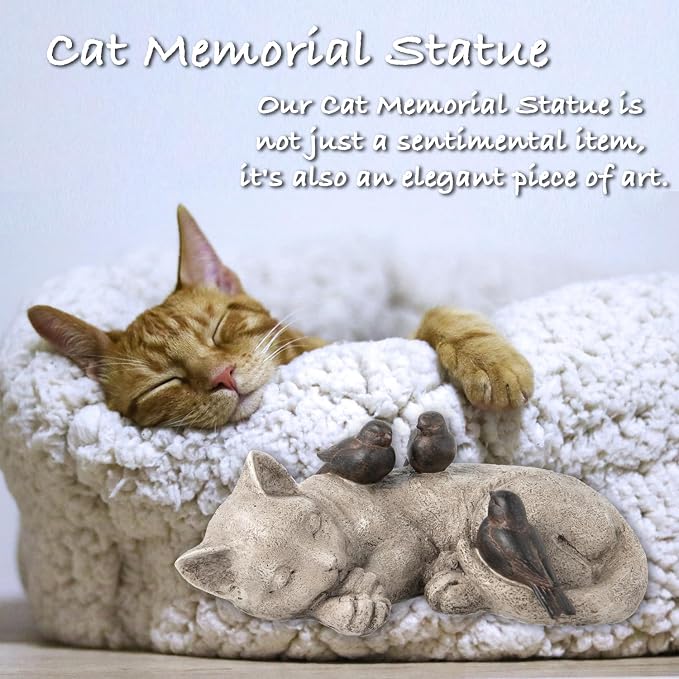 Sleeping Cat Garden Statues Outdoor - 12" Sparrows On Cat Figurine Memorial Statue Grave Markers Garden Resin Statues for Outdoor Decor Outdoor Statue Resin 12" x 8" x 4.5"