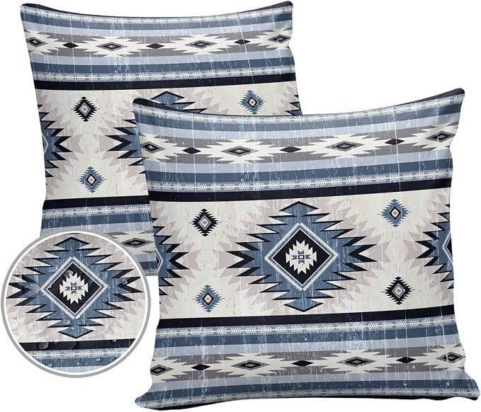 Outdoor Waterproof Throw Pillow Covers Set of 2 Blue Boho Aztec Pillowcases 18x18 Inches Southwest Tribal Geometric Patio Decorative Pillows Cushion Case Patio Pillows for Couch Bed Chair Garden