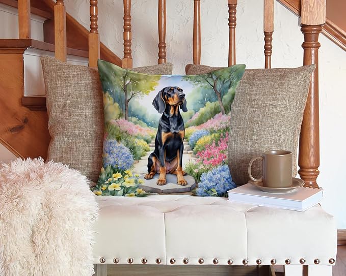 Caroline's Treasures Black and Tan Coonhound Spring Path Throw Pillow Machine Washable, Indoor Outdoor Decorative Pillow for Couch, Bed or Patio, 14Hx14W