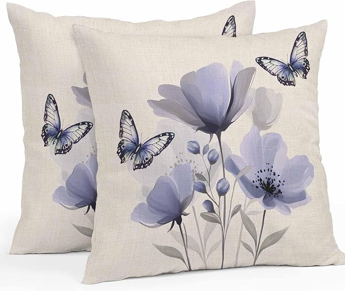 Purple Flowers Waterproof Outdoor Pillow Covers Set of 2 Home Decor, Spring Farmhouse Retro Tulip Butterfly Pillowcase Patio Pillow Covers for Couch Bench Furniture Garden 16x16in