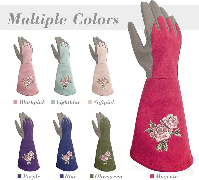 Rose Pruning Gloves with Forearm Protection, Thorn Resistant | Embroidery Design with Extra Long Cuff for Gardening and Pruning Tasks