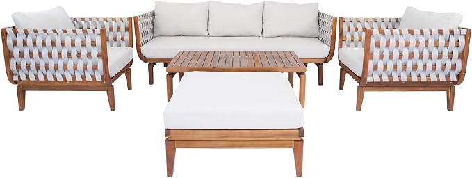 Christopher Knight Home Gwen 5 Piece Acacia Wood Patio Conversation Set with Sofa, Coffee Table, Ottoman and Club Chairs, Patio Sofa Set with Cushions, Outdoor Patio Furniture Set for 6,Teak+Beige