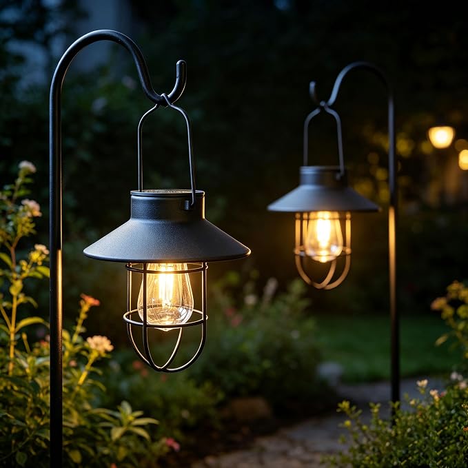 4 Pack Hanging Solar Lantern Lights with Shepherd Hook, Metal Waterproof Warm White Edison Bulb Lights for Garden Outdoor Pathway