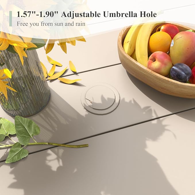 7 Pieces Outdoor Dining Set, Stackable Textilene Paito Chairs & 47.2" Round Dining Table with Umbrella Hole and Shelf, Patio Dining Set for Backyard, Deck, Garden, Sandshell