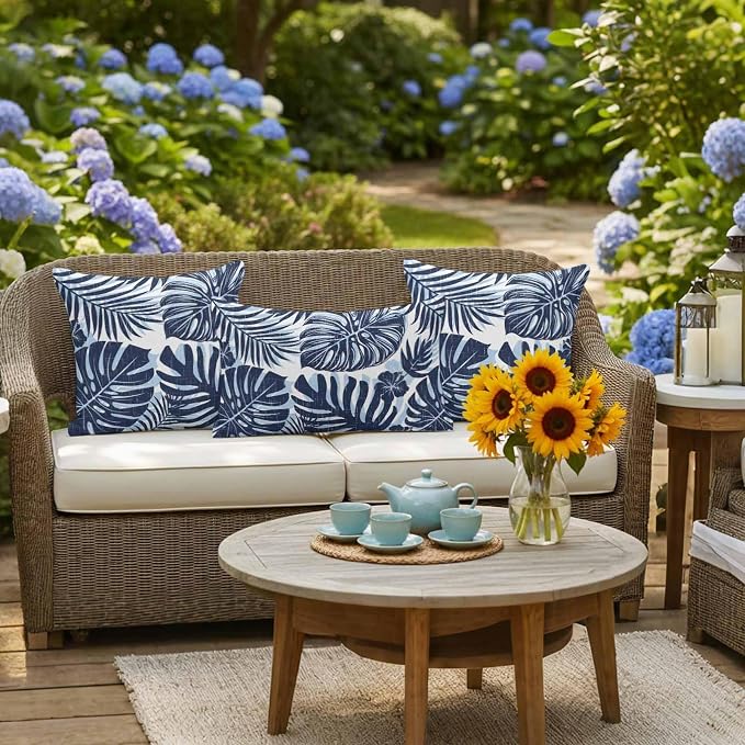 Navy Blue Palm Leaves Outdoor Pillow Covers 18"x18" Set of 2, Tropical Botanical Minimalist Modern Waterproof Throw Pillow Covers for Patio Furniture, Decorative Cushion Covers for Porch