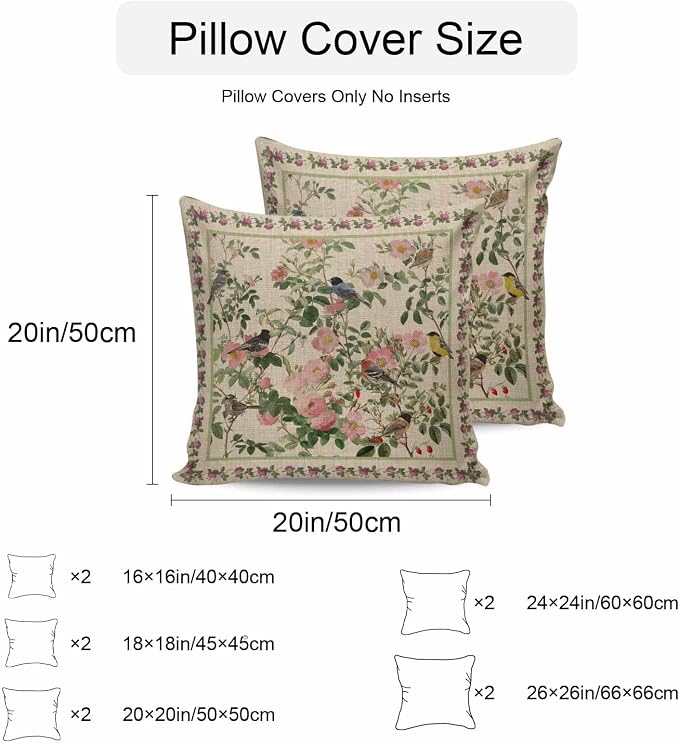 Vandarllin Outdoor Throw Pillows Covers 16x16 inch Set of 2 Waterproof Pink Floral Bird Decorative Zippered Cushion Covers for Patio Furniture, Green Leaves Branches Linen Lumbar Pillowcases
