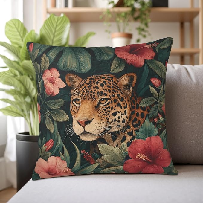 Tropical Leopard Throw Pillow Covers Green Palm Leaves Hibiscus Floral Pillow Covers 16x16 Set of 2 Hawaiian Jungle Cheetah Flower Pillow Cases for Home Farmhouse Sofa Decor