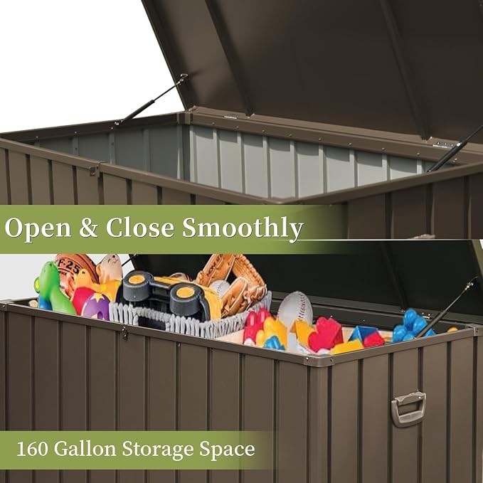 160 Gallon Outdoor Deck Box, Metal Lockable Storage Cabinet with Mobility Rollers & Side Handles, Waterproof Steel Bench for Patio Outside Furniture Cushions,Pillows,Garden Tools (Brown)