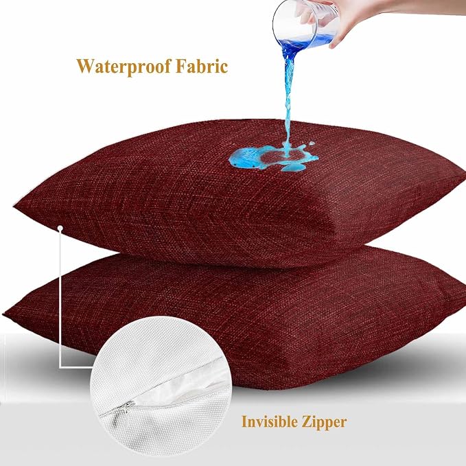 Outdoor Waterproof Throw Pillow Covers Set of 2 Wine Red Linen Pillowcases 26x26 Inches Farmhouse Pure Color Decorative Pillows Cushion Case Patio Pillows for Couch Bed Chair Garden
