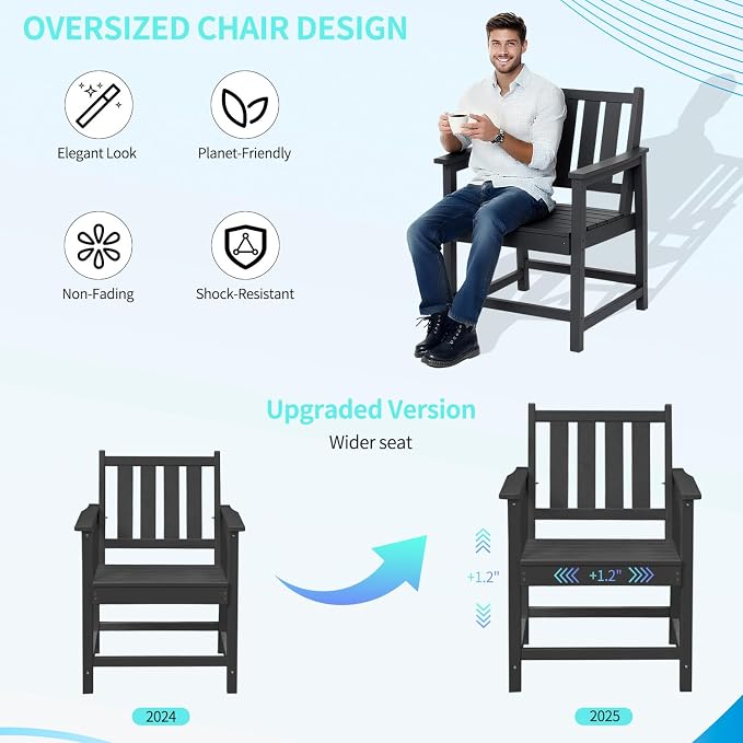 HDPE Outdoor Chairs, All-Weather Patio Dining Chair with Backrest and Armrest, 300 lbs Support Heavy Duty Outdoor Chair Patio Furniture for Garden, Deck, Porch, Black