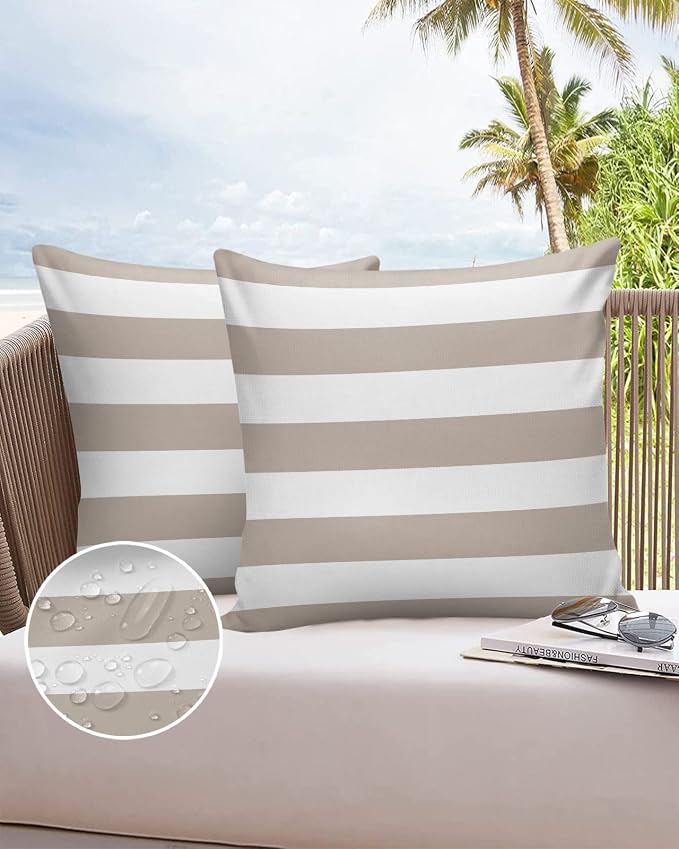 Outdoor Waterproof Throw Pillow Covers Set of 2 Khaki White Stripe Pillowcases 26x26 Inches Simple Style Striped Decorative Pillows Cushion Case Patio Pillows for Couch Bed Chair Garden