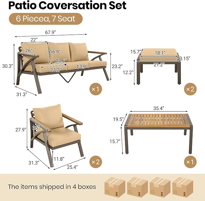 6-Piece Outdoor Patio Furniture Set,Steel Frame Sofa Set with 3-Seat Couch, 2 Armchairs,2 Ottomans & Acacia Wood Coffee Table, Cushioned Seating for Backyard, Garden,Poolside (Brown#56)