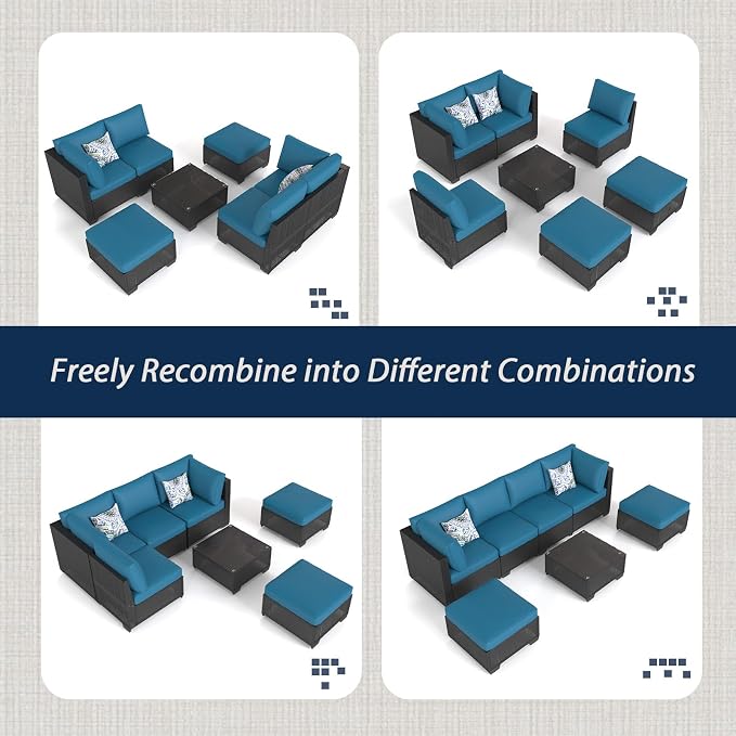 AECOJOY 7 Piece Outdoor Patio Furniture Set, Outdoor Sectional Conversation Furniture Chair with Coffee Table, Patio Sectional for Backyard, Garden(Peacock Blue Cushion and Black Rattan)