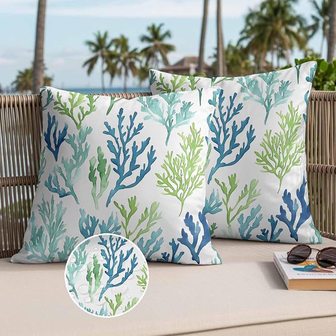 Ocean Teal Outdoor Waterproof Throw Pillow Covers Set of 2, 24"x24", Blue Green Coral Underwater Garden Coastal Decorative Pillow Covers Outside Cushion Case for Patio Porch Garden