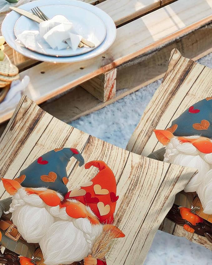 Outdoor Waterproof Throw Pillow Covers 24x24in, Fall Harvest Pumpkins Gnomes Cushions for Garden Patio Furniture Chairs Set of 2, Rustic Wood Grain Home Decor Couch Sofa Polyester Pillow Cases