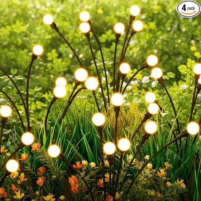 Garden Lights Solar Powered, 4 Pack Solar Garden Lights Outdoor Waterproof, Swaying Firefly Stake Lights, 32 LED Warm White for Pathway Patio Yard Decor
