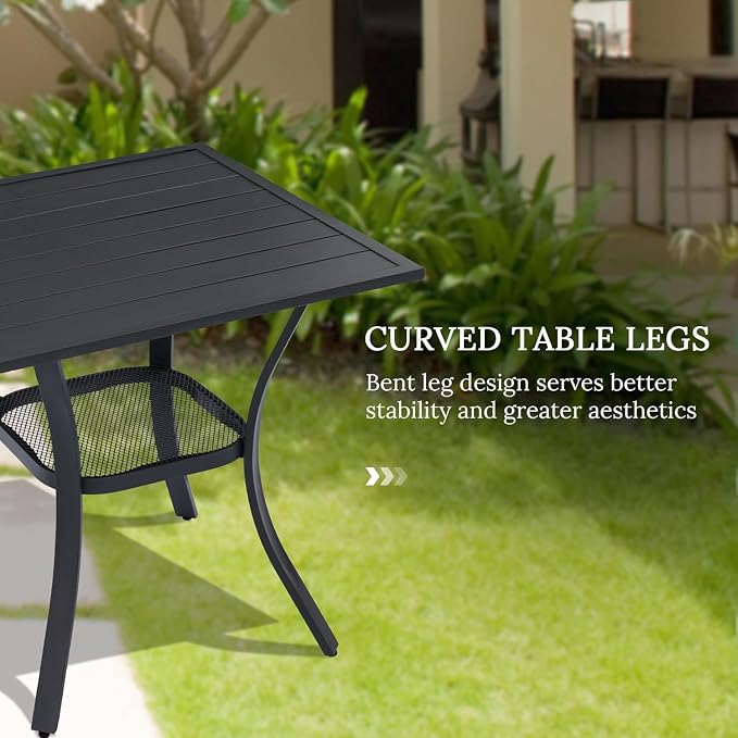 VICLLAX 3 Pieces Small Patio Dining Set-28 Small Outdoor Table and Swivel Patio Chairs Set for Deck, Lawn and Garden, Black Table and Blue Chairs