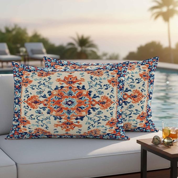 Retro Ethnic Leaves Outdoor Waterproof Throw Pillow Covers Set of 2, 20"x12", Flowers Orange Blue Texture Decorative Pillow Covers Outside Cushion Case for Patio Porch Garden
