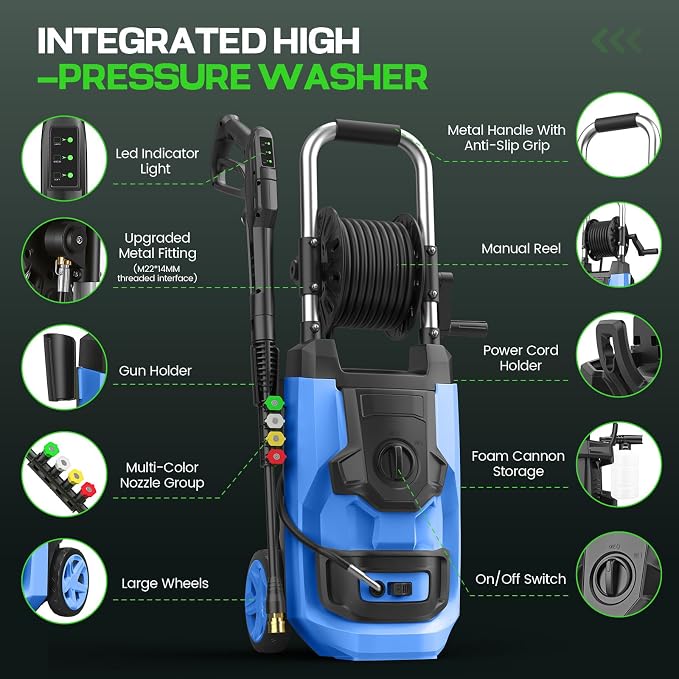 Electirc Pressure Washer 5000 PSI with 3 Levels Adjustable Pressure Gun, Portable Pull-Handle, 4 Nozzles and Foam Cannon, Heavy Duty Pressure Cleaner for Home/Car/Fence/Garden, Blue