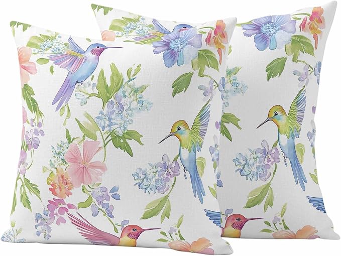 Spring Hummingbird Outdoor Waterproof Throw Pillow Covers Set of 2, 20"x20", Colorful Birds Floral Decorative Pillow Covers Outside Cushion Case for Patio Porch Garden