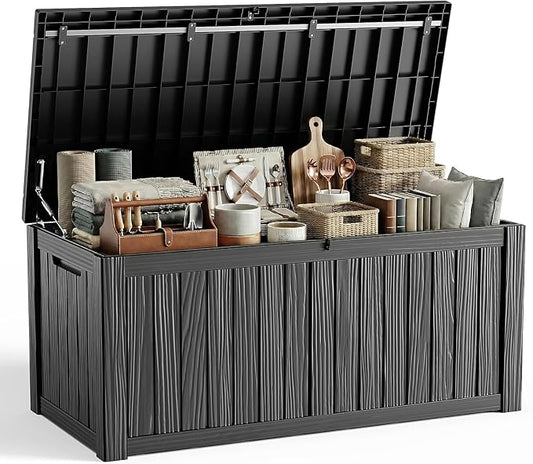 150 Gallon Large Waterproof Deck Box with Hydraulic Support Lid, Lockable UV Resistant Resin Patio Storage Bench for Garden Tools, Pool Accessories, Outdoor Cushions, Indoor & Outdoor Use