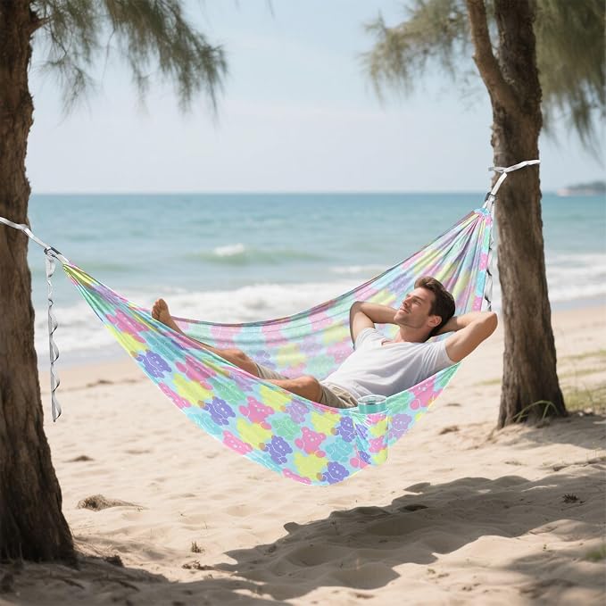 Camping Hammock Outdoor Hammocks for Outside Bear Silhouette Beach Trees Portable Lightweight with Pockets Tree Straps Indoor