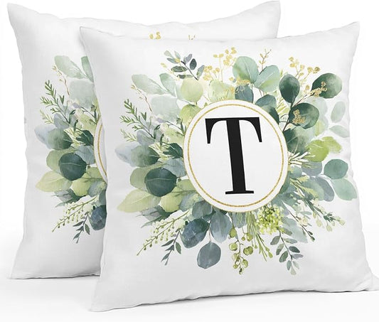 Letter T Waterproof Outdoor Pillow Covers Set of 2 Home Decor, Alphabet Green Eucalyptus Leaves Pillowcase Patio Pillow Covers for Couch Bench Patio Furniture Garden 16x16in
