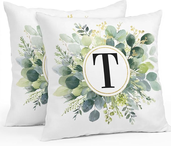 Letter T Waterproof Outdoor Pillow Covers Set of 2 Home Decor, Alphabet Green Eucalyptus Leaves Lumbar Pillowcase Patio Pillow Covers for Couch Bench Patio Furniture Garden 20x20in