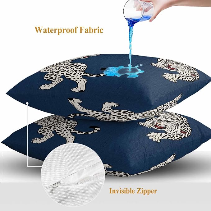 Vandarllin Outdoor Throw Pillows Covers 26x26 inch Set of 2 Waterproof Blue Leopard Decorative Zippered Cushion Covers for Patio Furniture, Bohemian Animal Print Lumbar Pillowcases