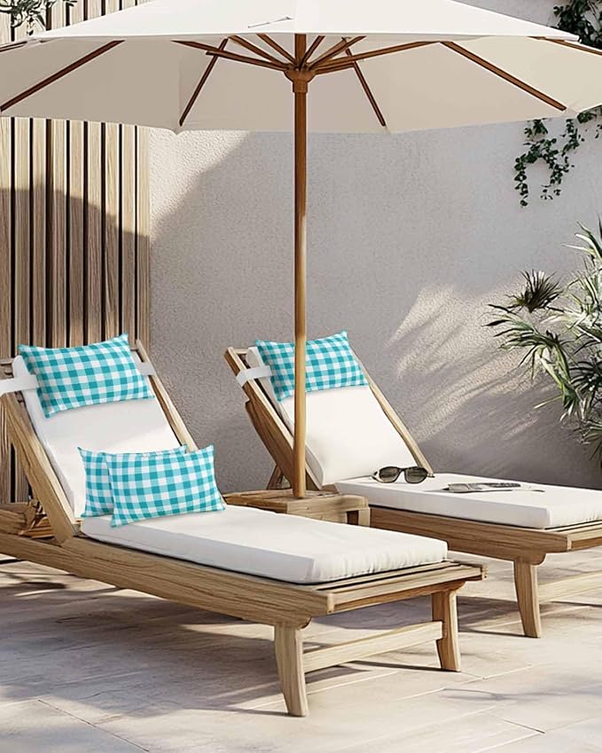 Pack of 2 Outdoor Lumbar Pillow Covers 11x16 Inch, Turquoise Checkered Waterproof Throw Pillow Covers Set, Farmhouse Buffalo Plaid Indoor&Outdoor Decorative Cushion Cases for Patio Porch Beach